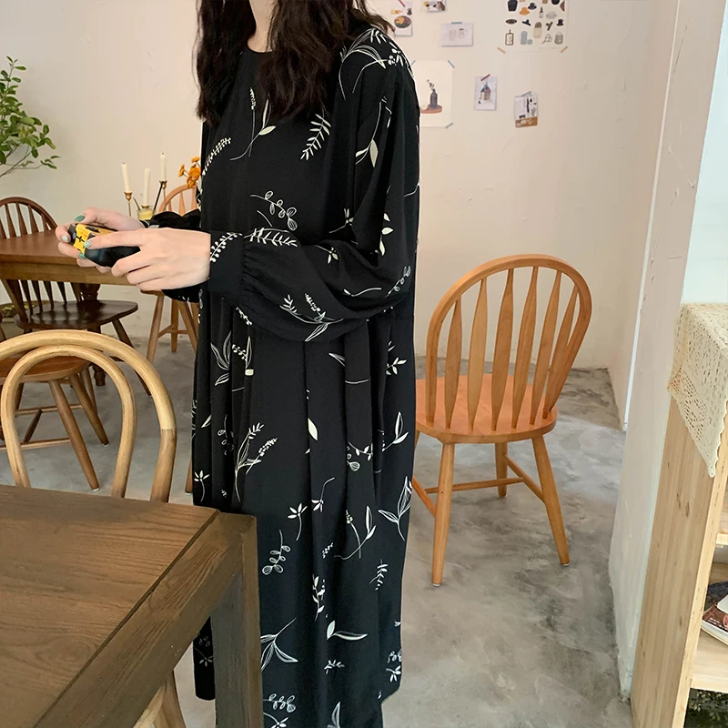 2 цвета весна 2019 корейский стиль принт длинный рукав шифоновые платья плиссе