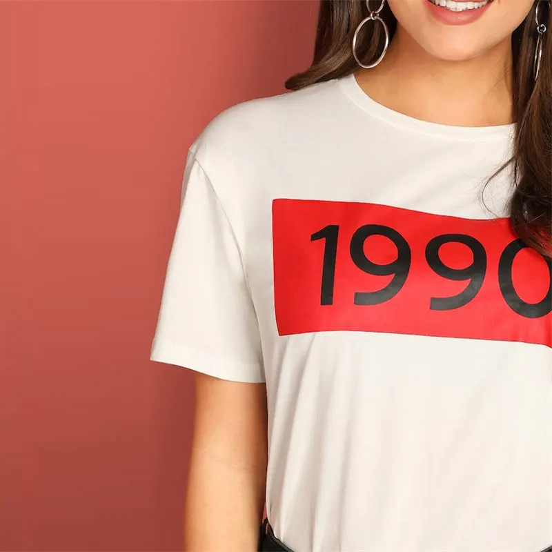 SHEIN Футболка С Текстовым Принтом И Коротким Рукавом Женские Летние Пуловеры С Круглым Вырезом С Коротким Рукавом