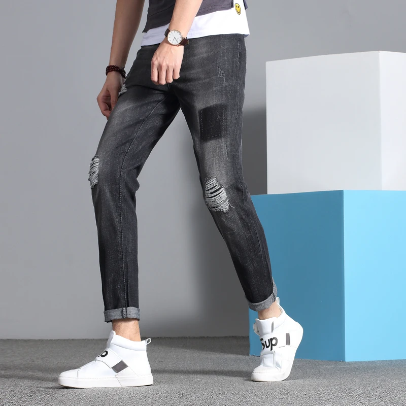 2019 новые черные джинсы Для мужчин Slim Fit рваные колени отверстие летние штаны для