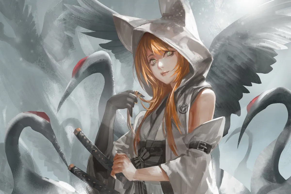 

canvas fabric poster custom print anime art girl with cranes PDM057 for wall art room decor home decoration (frame available)