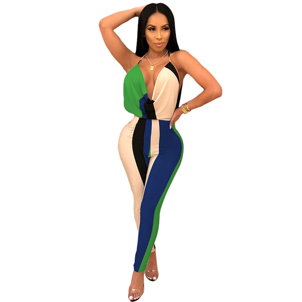 Sexy Women Summer V Neck Bodycon Backless Jumpsuit Patchwork Casual Clubwear | Женская одежда