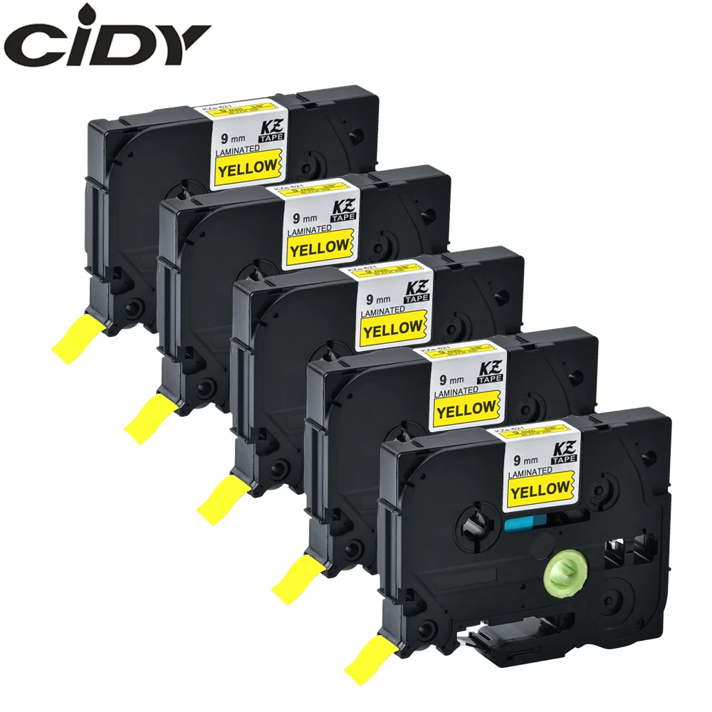 

CIDY 5 rolls Black on yellow TZe621 TZe 621 P Touch Label Tape Compatible for Brother 9MM tz621 tz 621 tze-621 laminated tapes
