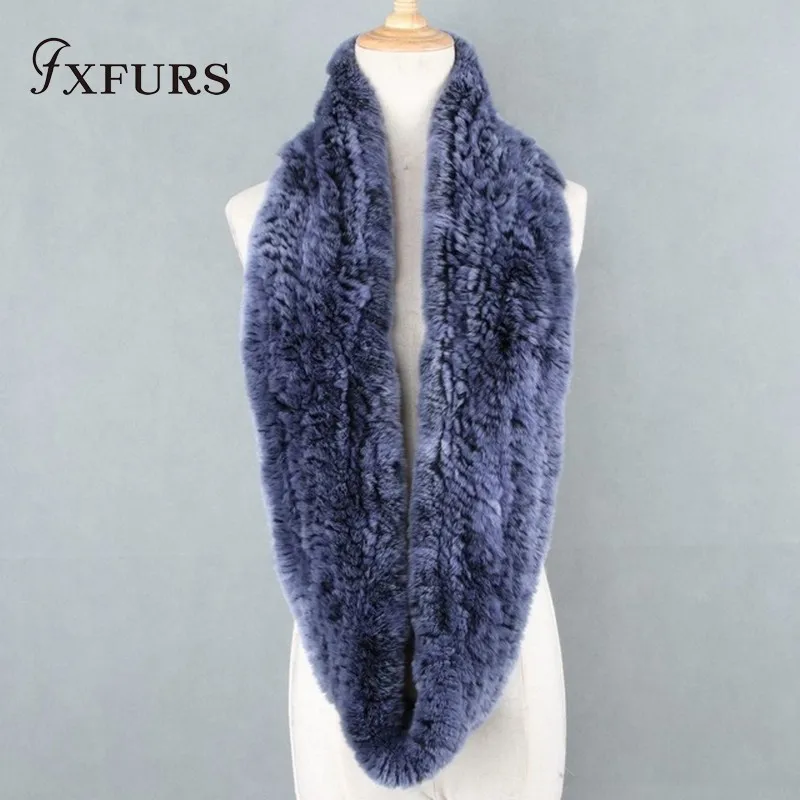 FXFURS, женский шарф из меха кролика рекс, ручная вязка, меховые большие воротники, натуральный мех, петля, шарф, глушитель, женская зимняя меховая шейка - Цвет: cowboy blue
