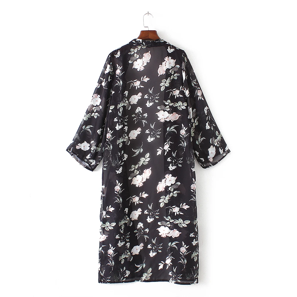 Летний стиль для женщин длинный рукав цветочный принт длинное кимоно кардиган