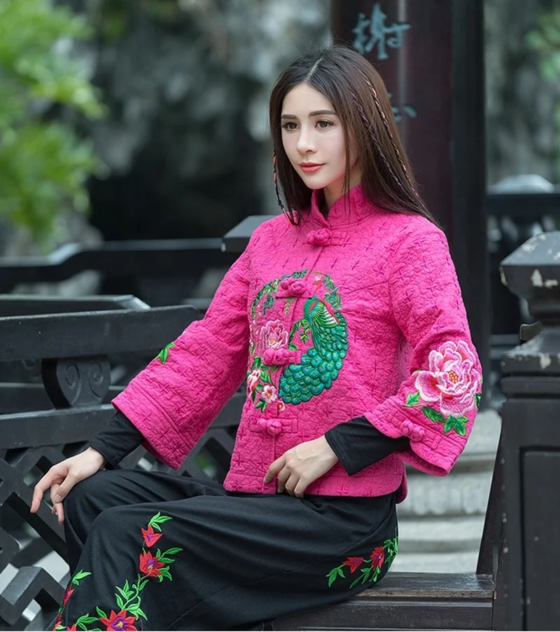 Женские китайские топы, винтажное пальто с вышивкой Hanfu, этническое пальто с воротником-стойкой, хлопковая льняная одежда в китайском стиле для женщин, FF1758