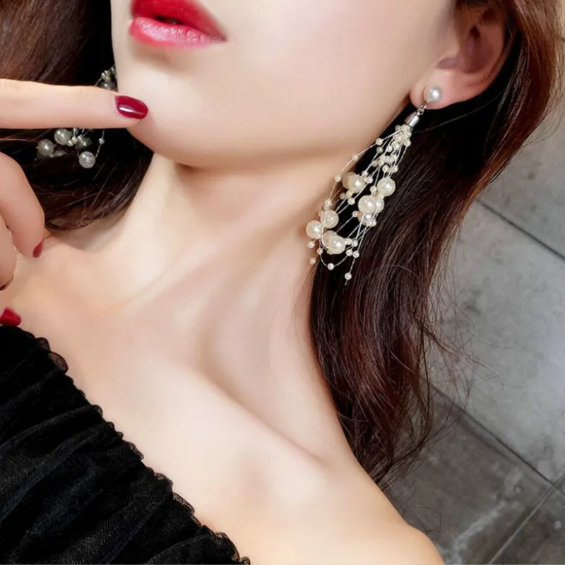 RONGBIN 2020 Luxury Simulated Pearl Long Earrings For Women Silver Color Dangle Drop Wedding Jewelry Brincos Orecchini | Украшения и