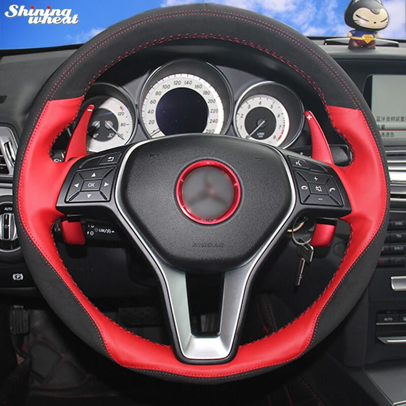 

Shining wheat Hand-stitched Black Suede Red Leather Car Steering Wheel Cover for Mercedes Benz B180 2012