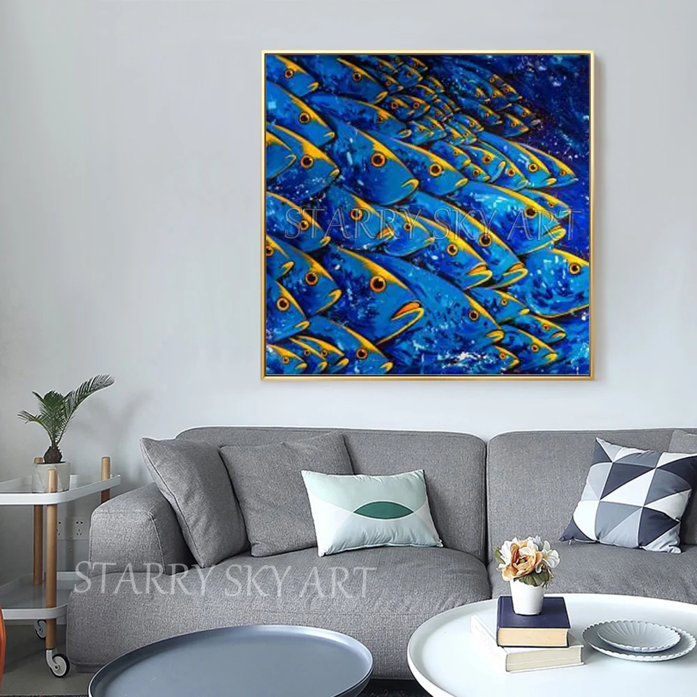 

Hand-painted High Quality Fish School Pictures Beautiful Blue Fishes Oil Painting Lots of Fishes Oil Painting for Kitchen Decor