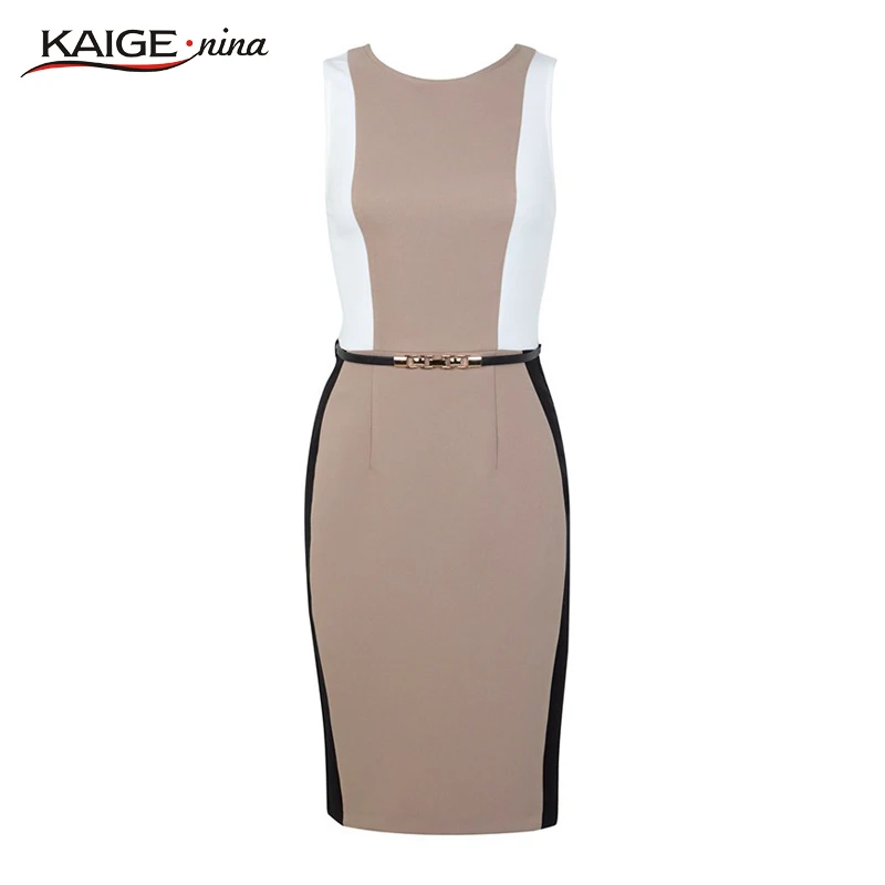 Kaige.Nina Women Summer Elegant Belted Hit color Patchwork Tunic Work Business Casual Party Bodycon Pencil Sheath Dress 2057 | Женская