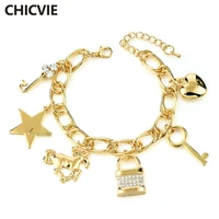chicvie ethnic gift gold color color love satr key charm bracelet bangle crystal bracelets for women jewelry sbr160339