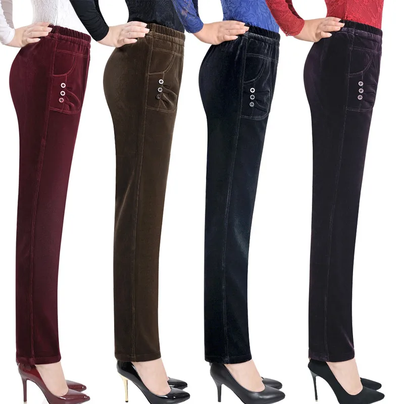Plus size Corduroy Casual Pants Women Autumn Winter Elastic waist Straight Thicken Middle aged Female High Pants2657 | Женская одежда