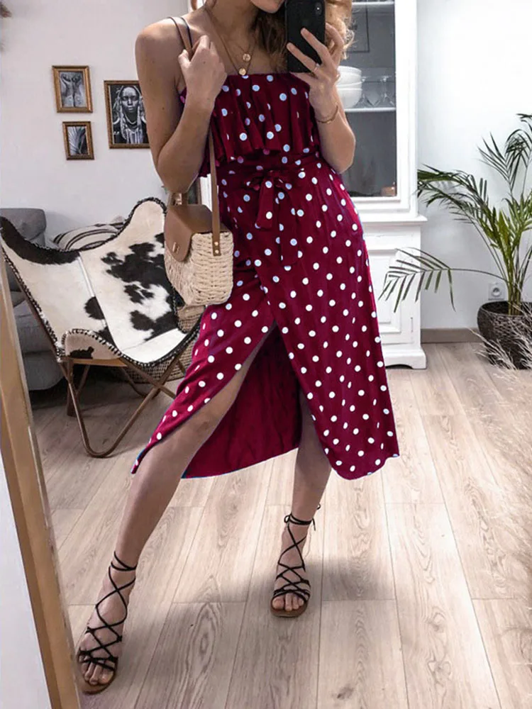 Boho женское сексуальное пляжное платье с разрезом сбоку в горошек бандо летние
