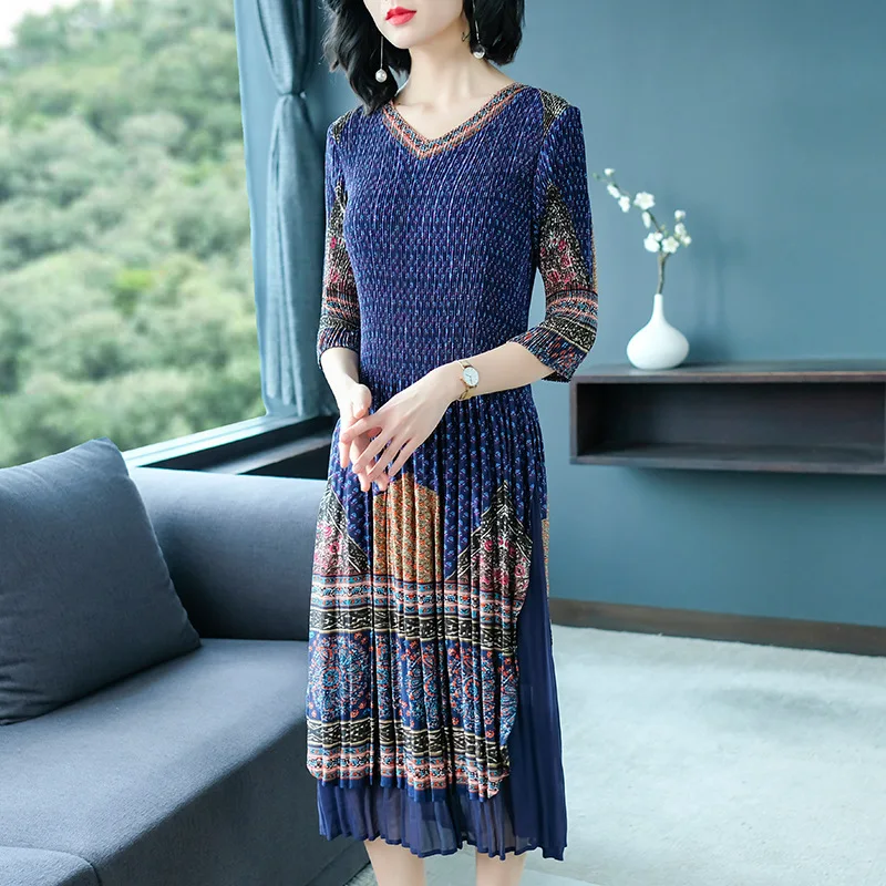 

French Vintage Big Size Prints Dress Pleated Middle-aged Women's Dress