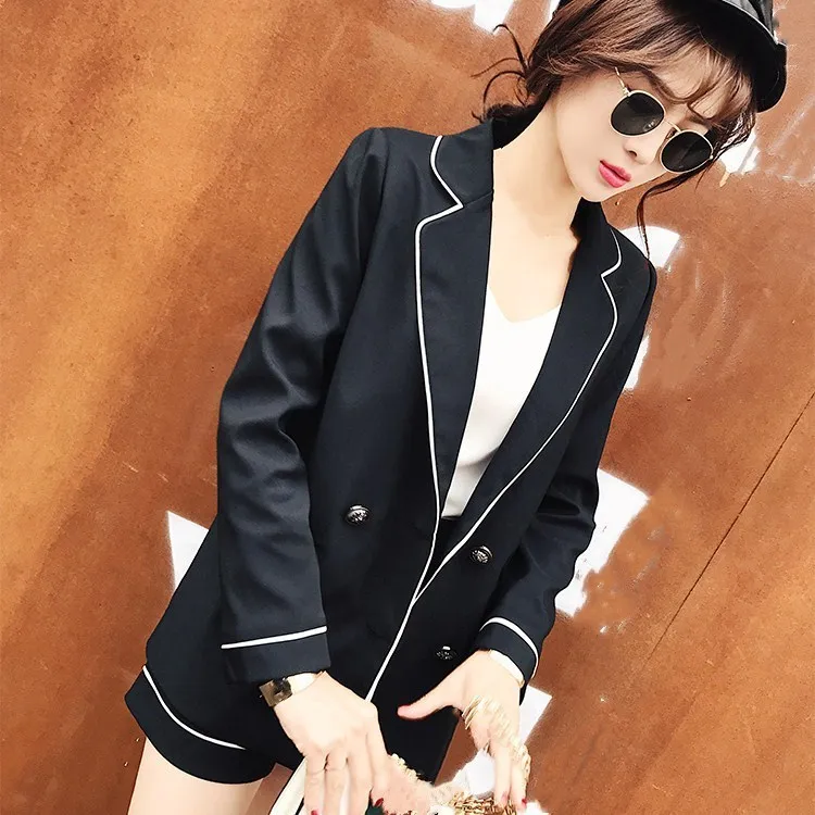 Women Zippers Short Pant Black Suits Button Spring Notched Collar Two Piece Sets Casual Hit Color Blazers Office Outfits | Женская