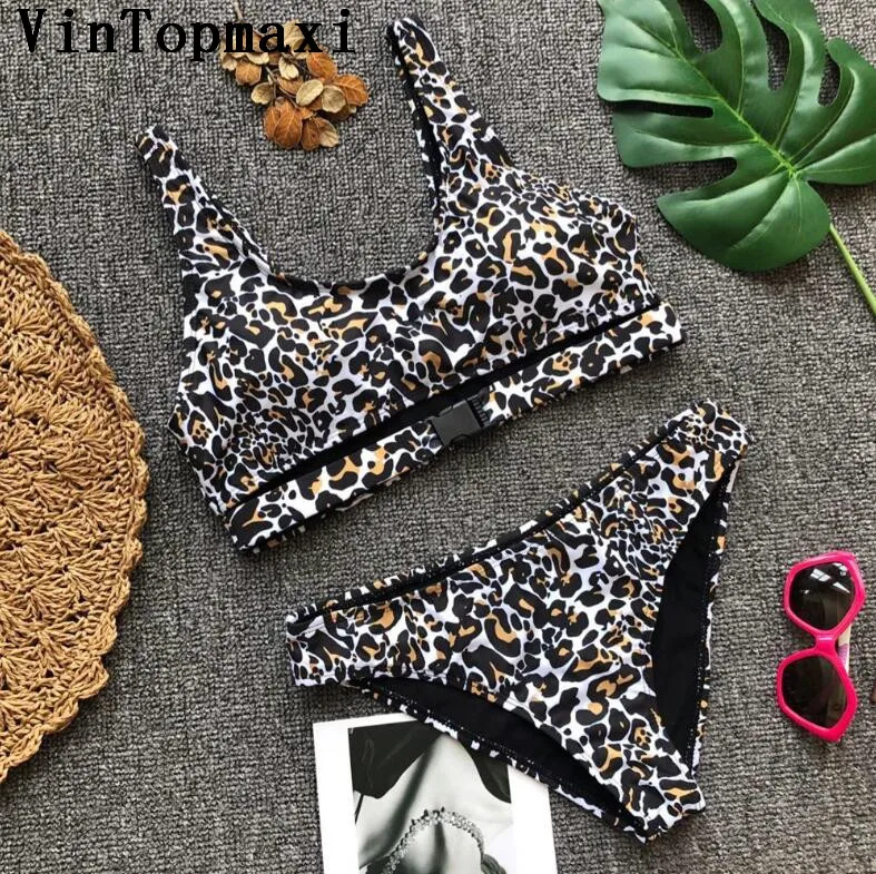 2018 New Bikini Leopard Swimsuit Women Crop Top Swimwear Buckle Brazilian Set Bandeau Beach Wear knotted Swim Suit |