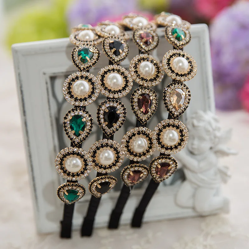 Повязка на голову с кристаллами и жемчугом винтажная Золотая Корона в стиле