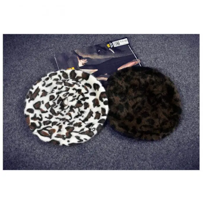 Women Winter Beret Hat Leopard Pattern Warm Bannie Cap for Outdoor FDC99