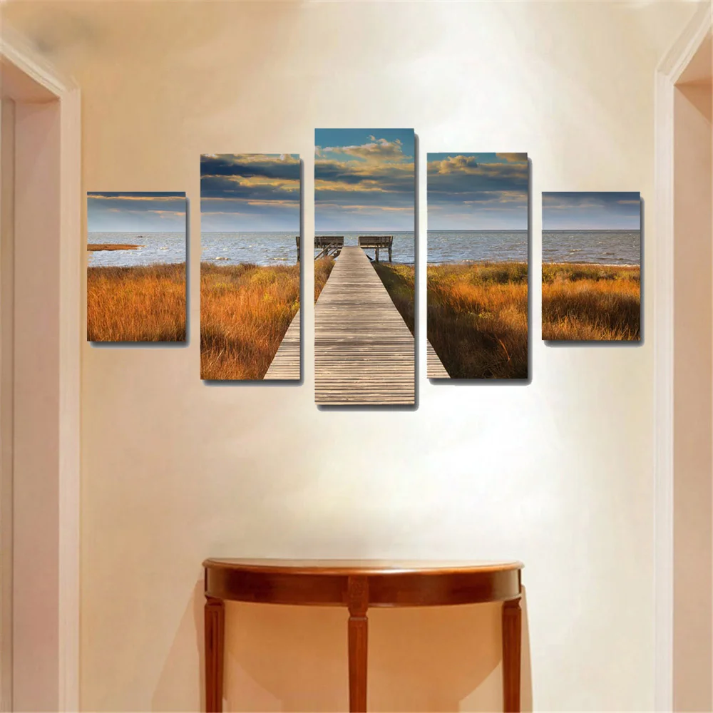 

5 Panel Canvas Painting Seaside Landscape Art Canvas Picture Sunset Wall Art Picture Poster Modern for Living Room No Frame