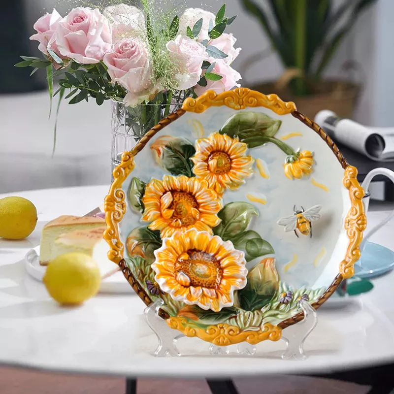 

Sun Flower Country Style Ceramic Decorative Plate Three-dimensional Wall Hanging Plate Home Decoration Craft Decor M1892