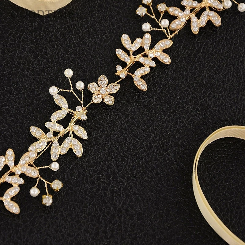 Повязка на голову с жемчугом и золотыми цветами для невесты|Свадебные пояса| |