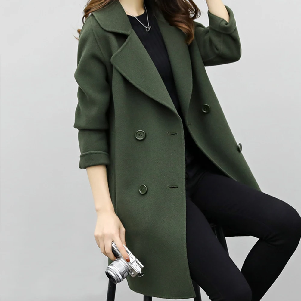 Autumn Winter Women Wool Coat Casual Turn-down Collar Long Sleeve Jacket Female Elegant Green Double Breasted Outerwear Coats | Женская