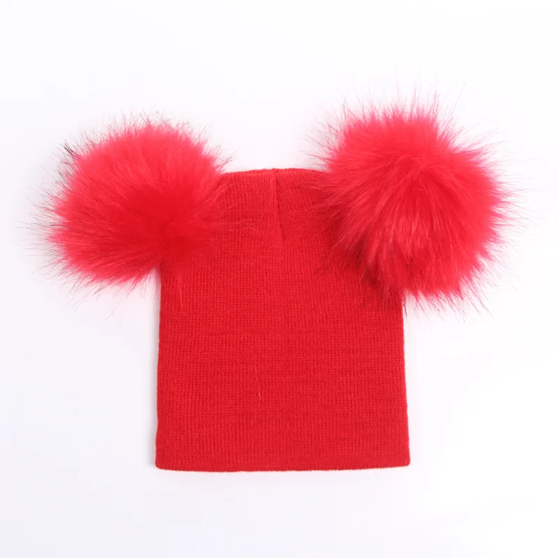 New Autumn Winter Crochet Children Hats Fur Pom Pom Ball Hat Kids Knit Beanie Hats Girl Boy Wool Cap Baby Toddler Beanies Caps - Цвет: red