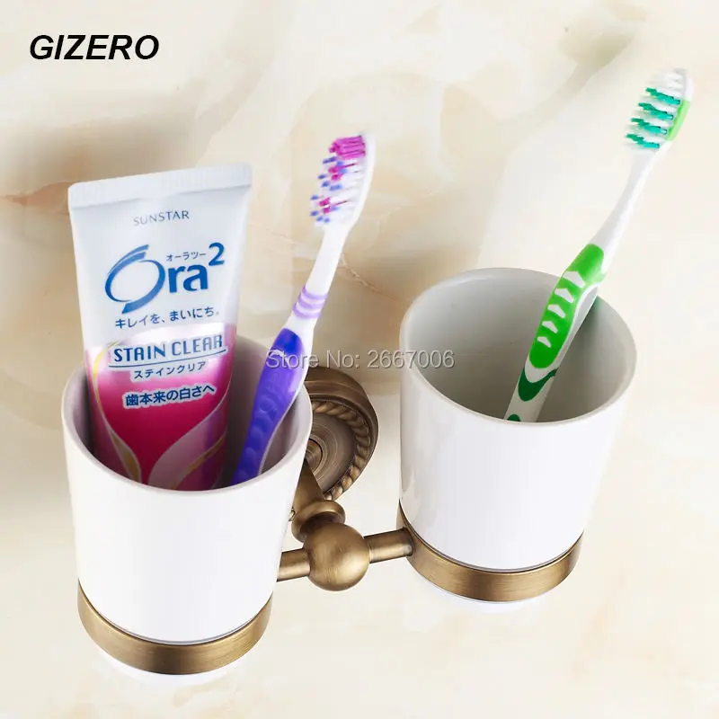 

GIZERO Free shipping Hotel Wall Antique Brass Double Ceramic Cup&Tumbler Holders Bathroom Accessories Toothbrush Holder GI1643