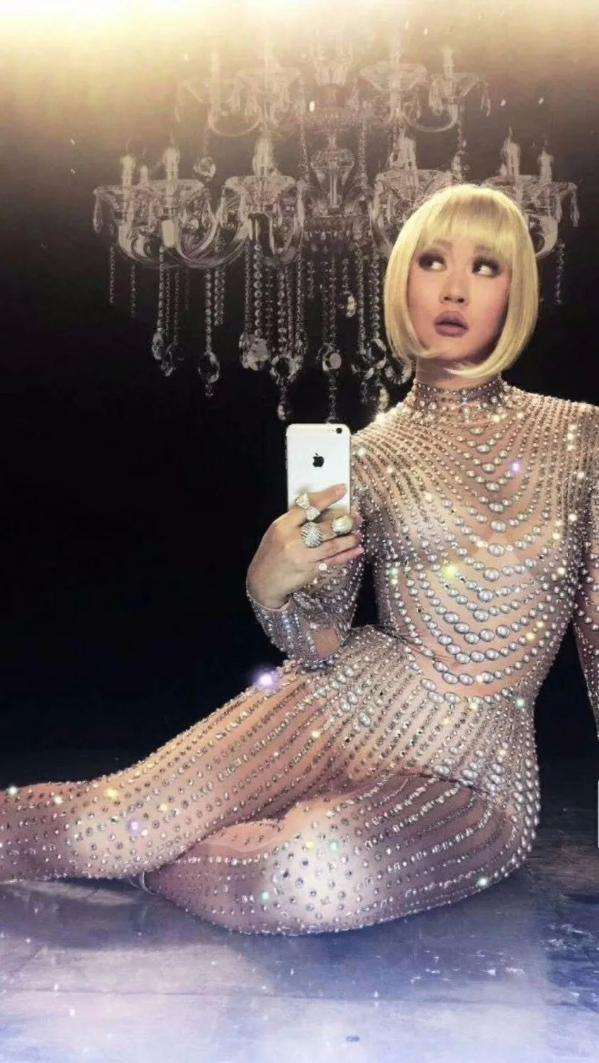 

Sexy Sparkly Pearls Jumpsuits Rhinestones Stretch Bodysuit Performance Party Celebrate luxurious Shining Costume Outfit Wear