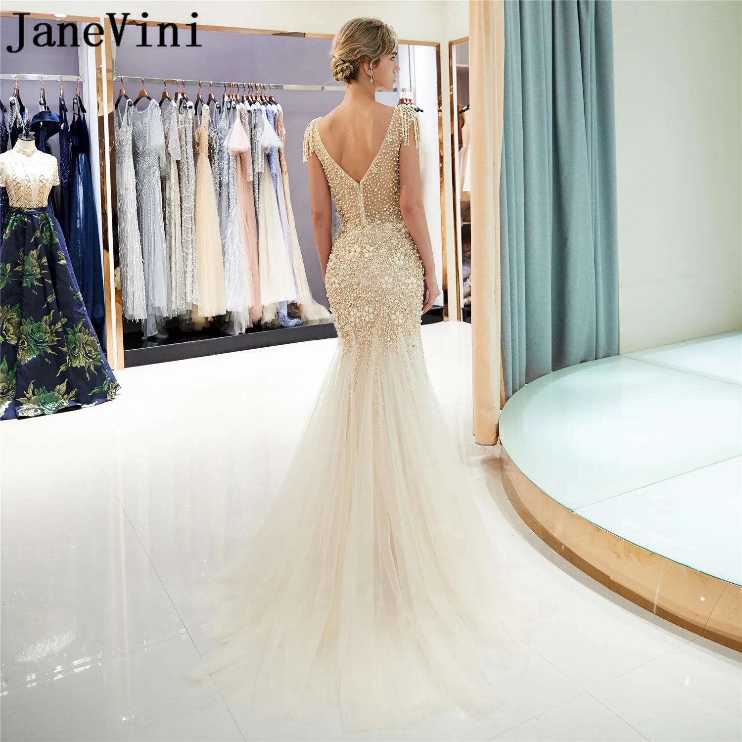 JaneVini jurk lang Gray Mermaid Prom Dresses 2019 Sparkly Crystal Beaded Long Gala Dresses with Jewelry Tulle Evening Party Gown