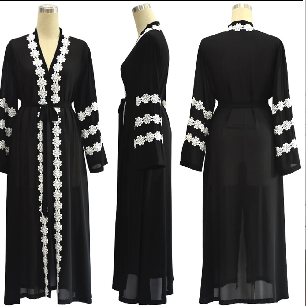 2018 Middle East Muslim Women Fashion O-Neck Lace Cardigan Casual Loose Chiffon Eid Abaya Robe Dubai Ramadan Long Dress No Hijab | Женская