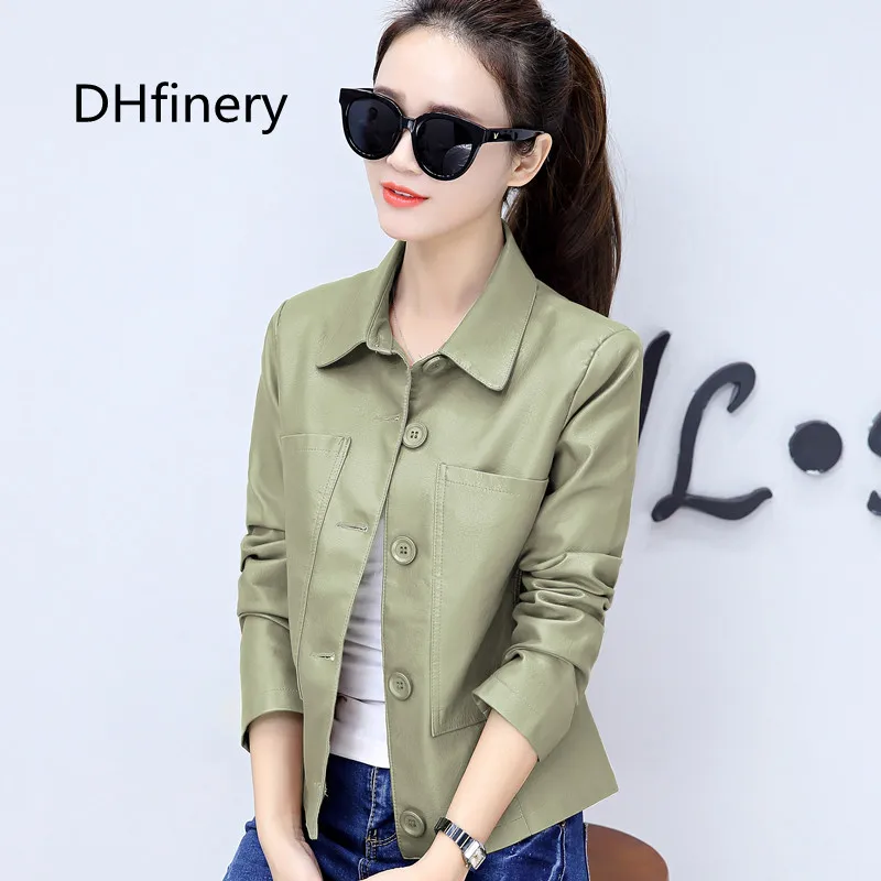 DHfinery Plus Size M-4XL Women Leather Jacket 2022 Spring Autumn  Leather Coat Slim Short Black Green Caramel Outerwear bs5722