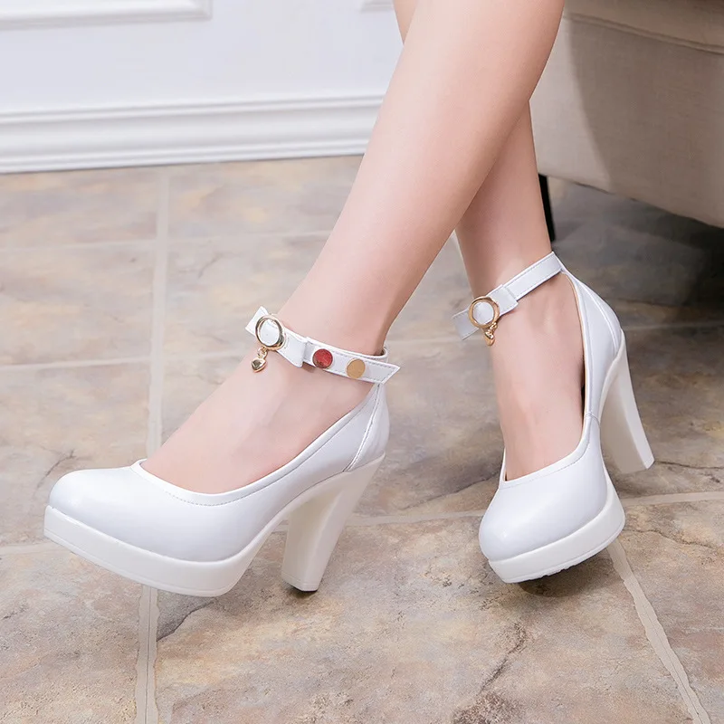 White Heels 6CM Женская обувь из натуральной кожи; цвет белый, черный; обувь на платформе с квадратным каблуком; женская обувь на высоком каблуке с ремешком на щиколотке; обувь для офиса; Новинка - Цвет: White Heels 6CM