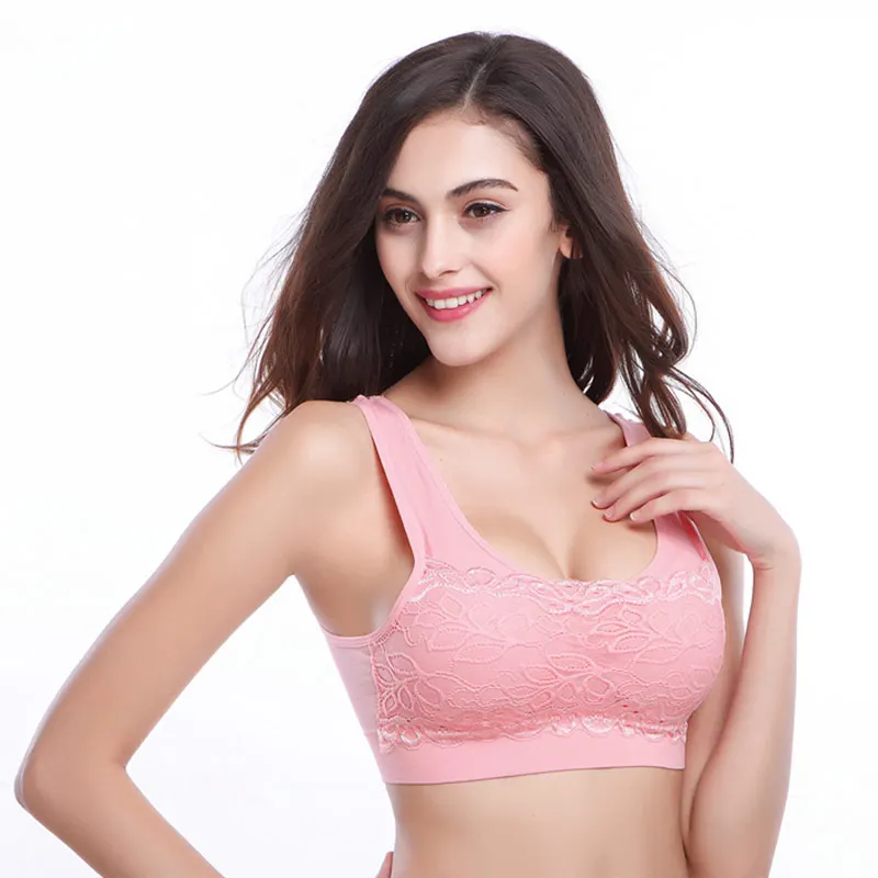 Pink Thunshion, женский кружевной спортивный бюстгальтер, дышащий, Широкие бретельки, спортивный бюстгальтер для бега, йоги, тренажерного зала с u-дизайном - Цвет: Pink