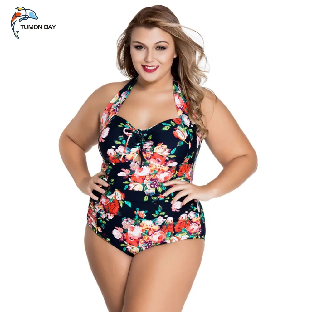 Большие размеры Винтаж Ретро Одна деталь купальник Для женщин Цветочный принт