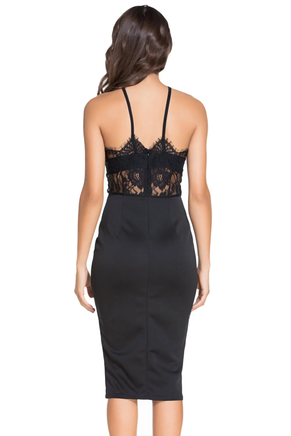 Black Halter Lace Inserted Sheer Fitted Midi Dress 2017 modest fashion Sexy Sleeveless women cele casual dresses vestido de fest | Женская