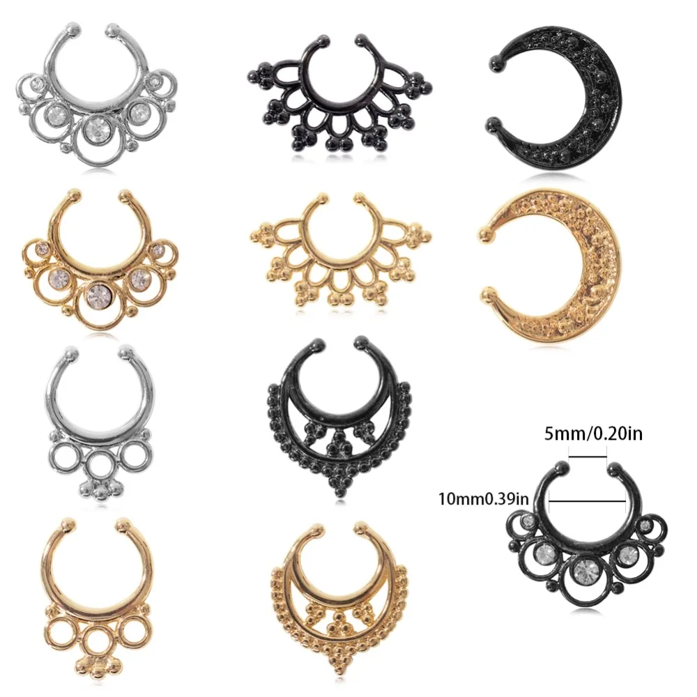 

1 Pc Punk Stainless Steel Zircon Nose Rings Hoop Septum Clicker Fake nose Piercing Body Jewelry Gold black Color