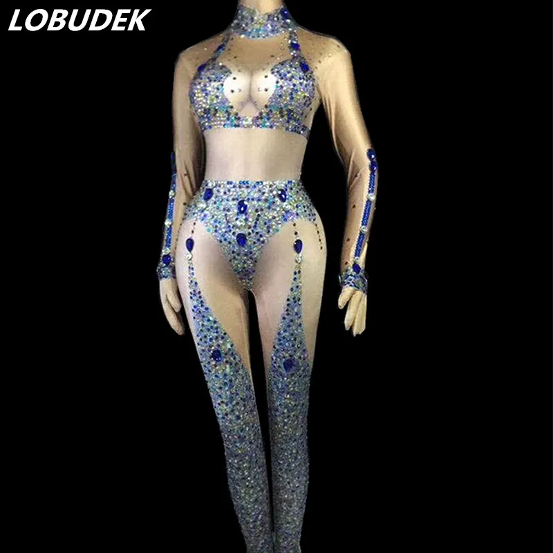 New Women Colorful Rhinestones Skinny Jumpsuit Stretch Leggings Nightclub Female DJ Singer Prom Party Show Stage Costume