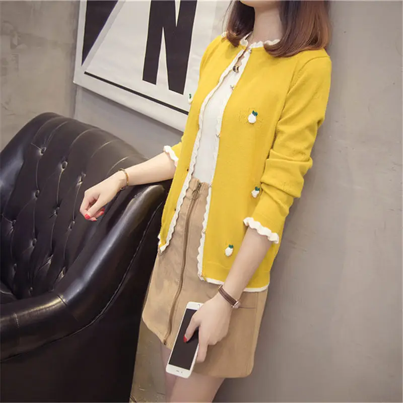 Женский свободный вязаный кардиган в Корейском стиле с оборками и цветочным