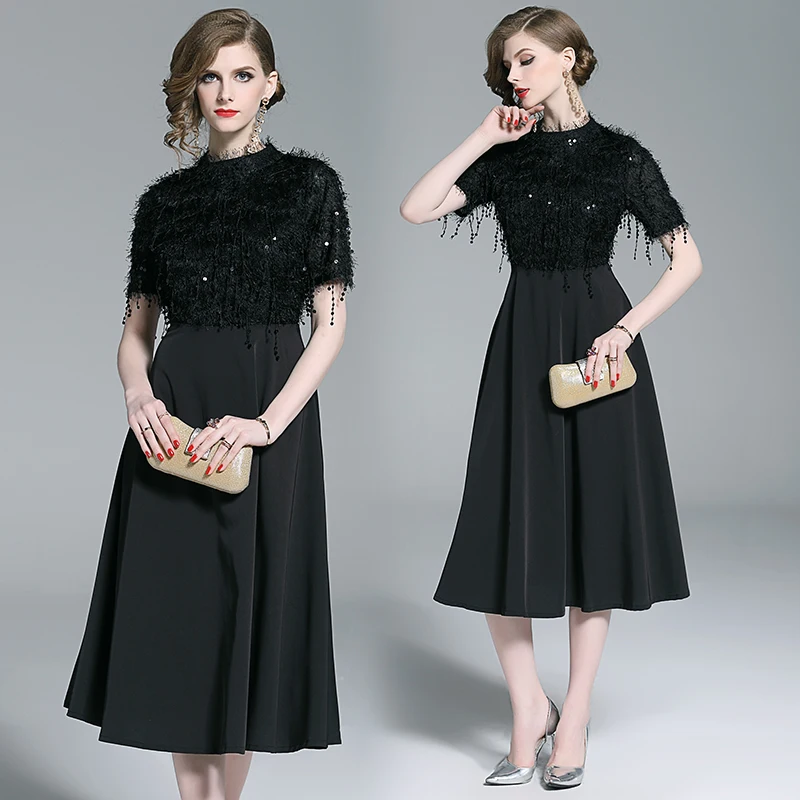 

Women Dress Fashion Summer Elegant Vestidos Slim Bodycon Formal Party Casual Runway Office Work Black Tassel Midi Dress