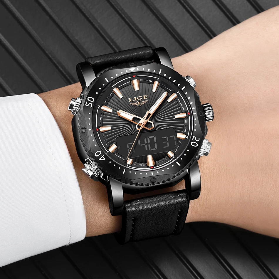 Mens Watches Top Luxury Brand Genuine Leather Sports LIGE Men's Quartz LED Digital Clock Waterproof Military Wrist Watch |