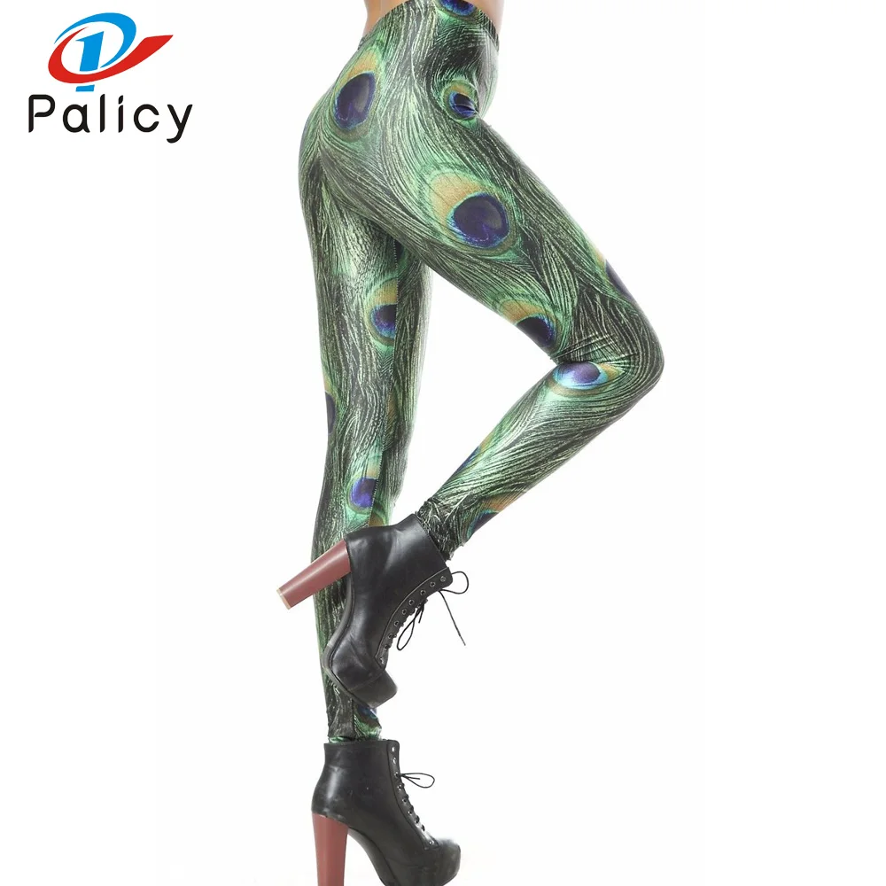 Palicy Women Leggings Fashion Punk 3D Printed Slim Strench Pants Trousers Leggins Peacock Pattern Green Mid High Waist