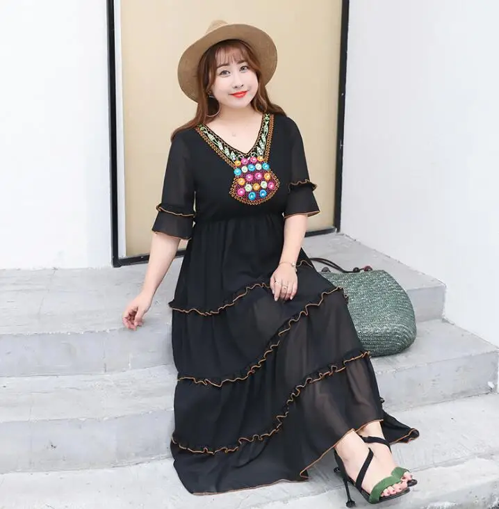 

Women's spring summer black color long national dress lady's plus size Bohemia dress XL~4XL TB206