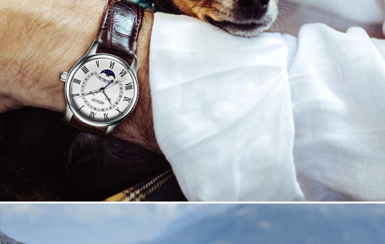 AESOP thinness 9 mm classic style Watch Men Quartz Moon Phase Male Clock Genuine Leather Relogio Masculino hour new arrival