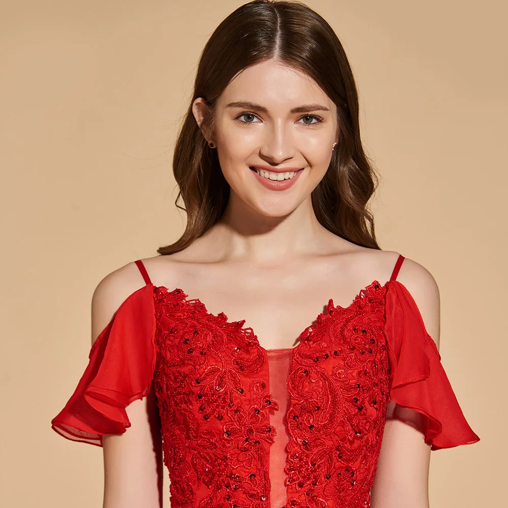 Платье красное длинное вечернее с v образным вырезом и аппликацией|gown prom|prom dress