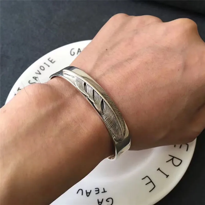 

Handmade Indian Style Sterling Silver 925 Mens Cuff Bracelet Pure Oxide Silver Feather Bracelet Fashion Mens 925 Jewelry Gifts