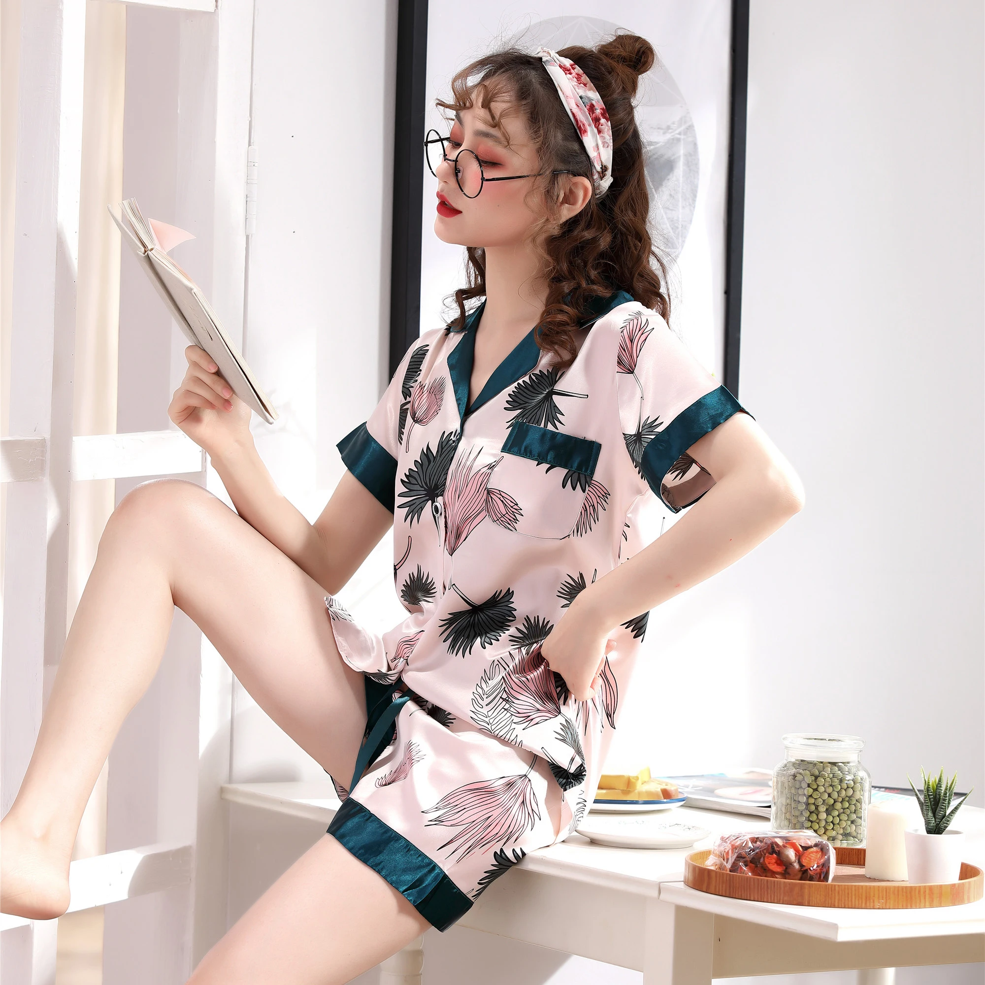 Women Short Satin Pajamas Sets 2021 Sleepwear for Ladies Home Clothes 2PCS Pyjamas Short Leisure Wear Printed Pijamas Homewear