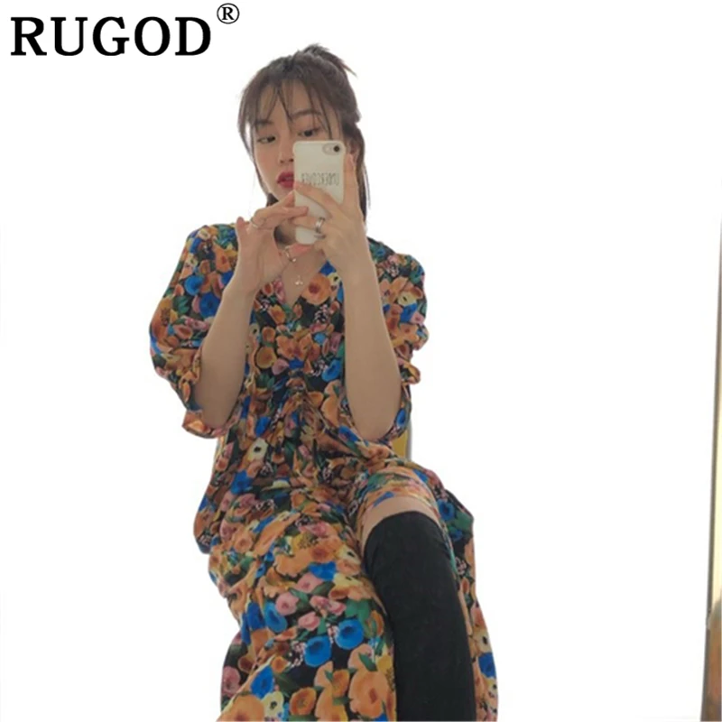 RUGOD корейское длинное женское платье с цветочным принтом летнее Романтическое Платье макси с v-образным вырезом для сосания vestidos boho Ruffles пляжное платье