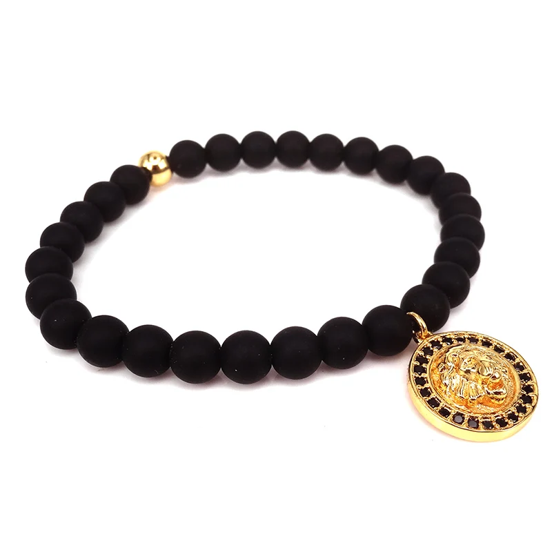2021 Matte Onyx Bracelet 24K Gold Lion Head Bead Beaded Bracelets Charm Natural Stone Men Jewelry Pulseras Hombre | Украшения и