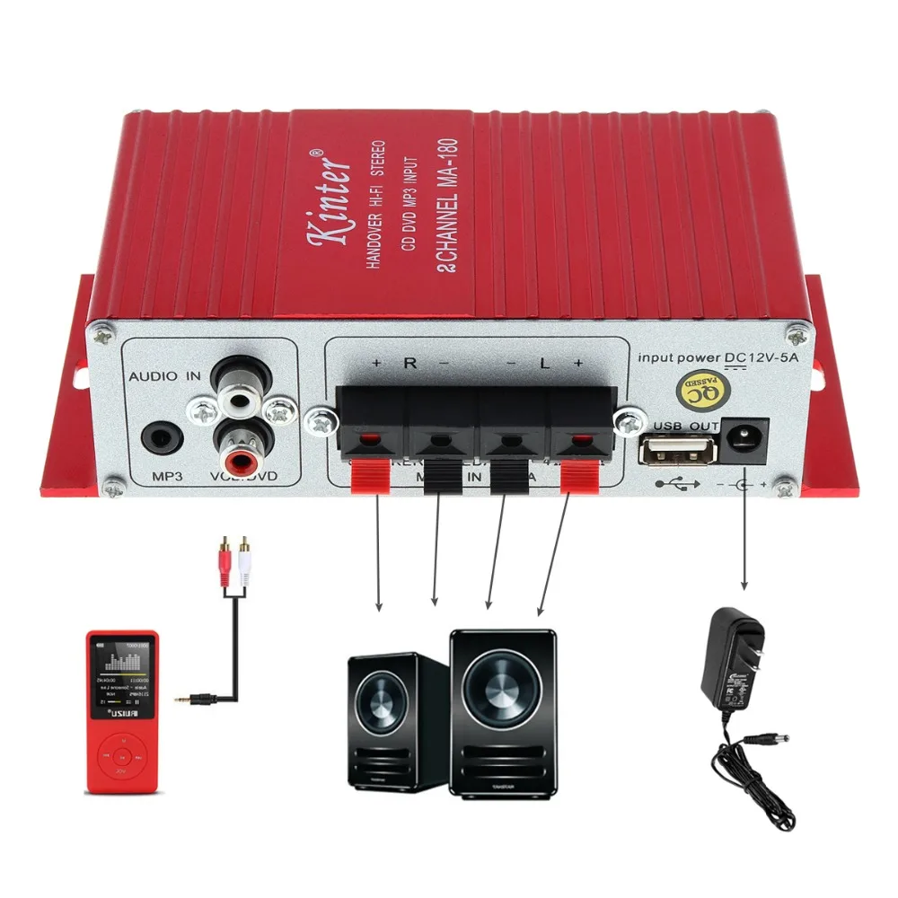 MA-180 Hi-Fi Mini USB 12V Auto Car Power Amplifier 2CH Stereo Sound Mode Audio Music Player with Remote Support MP3 / VCD / DVD