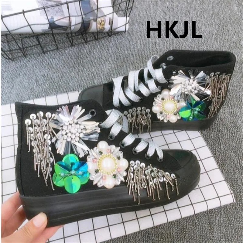 

HKJL2019 tide brand high help rhinestone straps canvas sequins flowers beaded fashion sneakers
